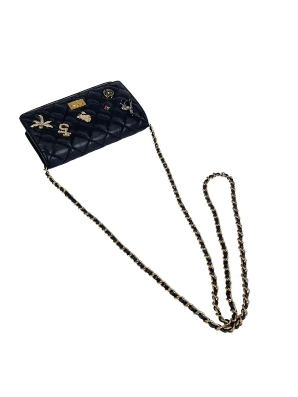 Chanel 2.55 Quilted Icon Charm Embroidery Chain Wallet Shoulder Bag Calfskin